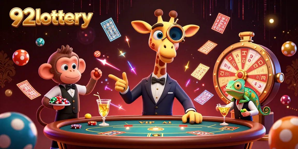 Engage with 92lottery's colorful lottery-themed scene featuring vibrant games and characters.