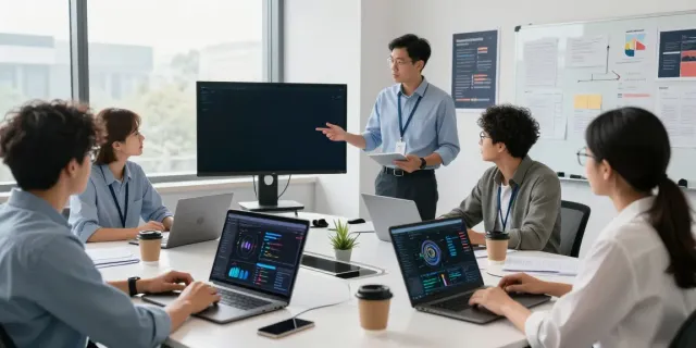 Diverse team collaborating in a bright AI workspace, showcasing Enterprise AI development.