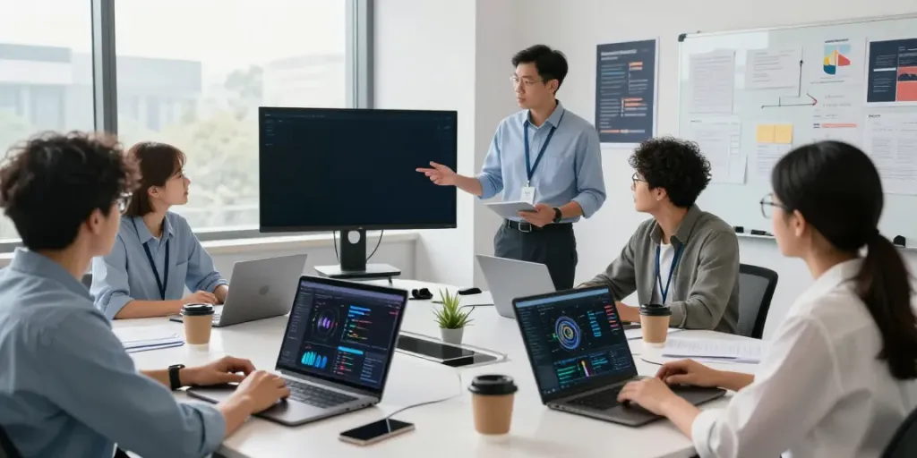 Diverse team collaborating in a bright AI workspace, showcasing Enterprise AI development.