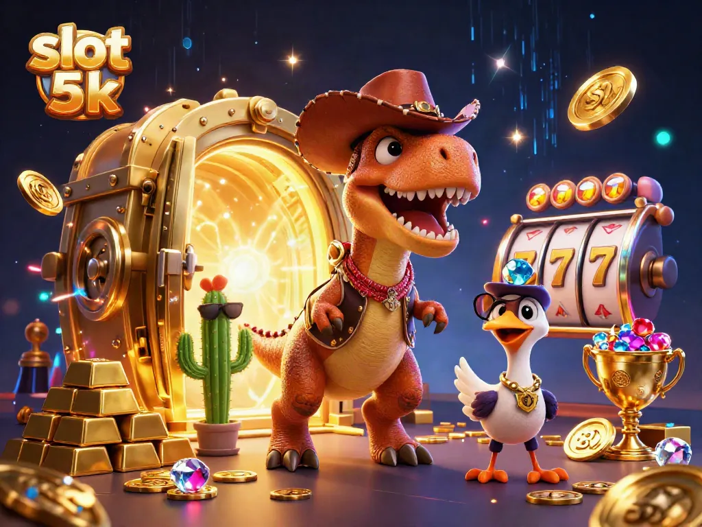 Experience thrilling wins with slot 5k as a T-Rex, cactus, and roadrunner celebrate big jackpots.