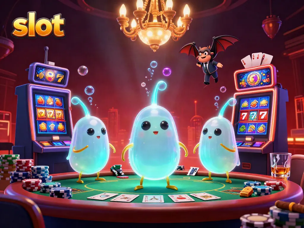 Engage with vibrant slot themes as glowworms illuminate a lively casino scene.