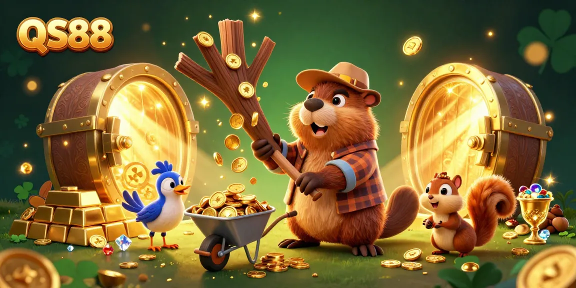 Experience the thrill of winning at QS88 with our vibrant casino scene featuring coins and treasures.