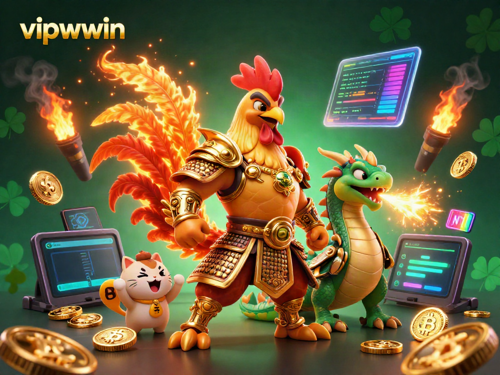 Engage with vipwwin and experience thrilling combat between a cartoon rooster warrior and dragon hatchling in a vibrant casino setting.