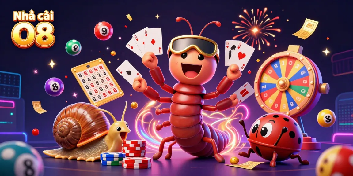 Experience the excitement of Nhà cái O8 with colorful lottery balls, a millipede dealer, and vibrant game elements.