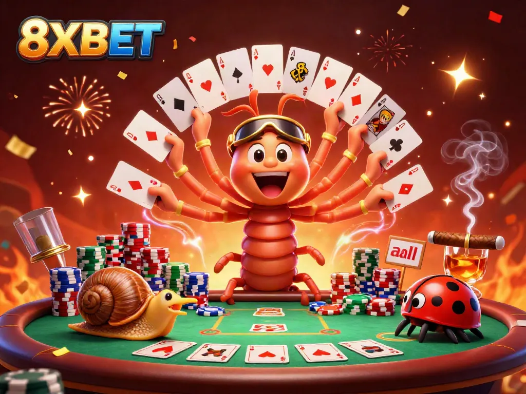 8XBET brings excitement with a darting millipede dealer, colorful poker chips, and high-stakes action.