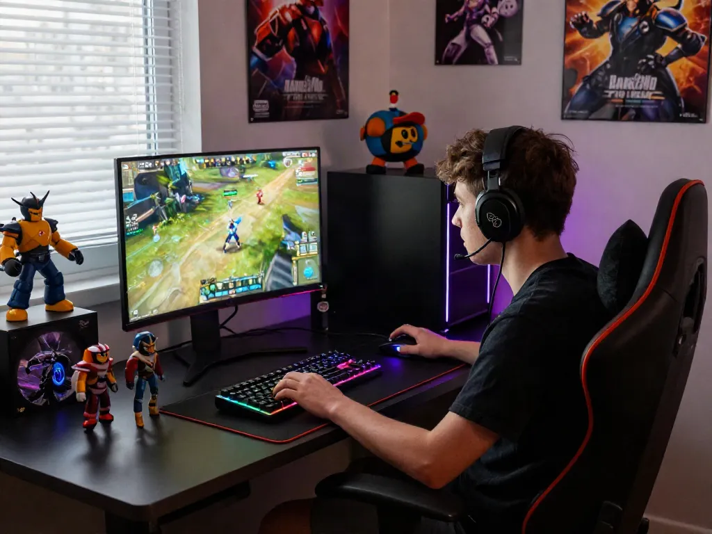 Engaging gaming scene with a player immersed in rokok88 merchandise and gaming setup