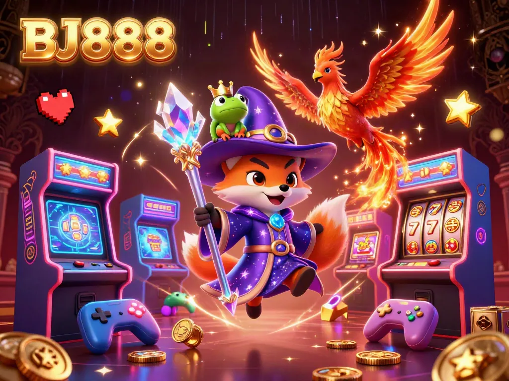 Experience the excitement of BJ888 with a mystical wizard fox, a phoenix, and arcade elements in a vibrant casino scene