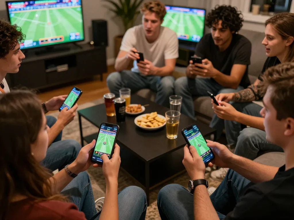 Những người bạn phấn khích đang xem xét tỷ lệ cược trên ứng dụng Link 12bet trong khi cược thể thao tại nhà