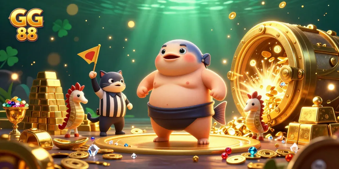 Experience GG 88 thrills with an animated scene of casino treasures and fun characters.