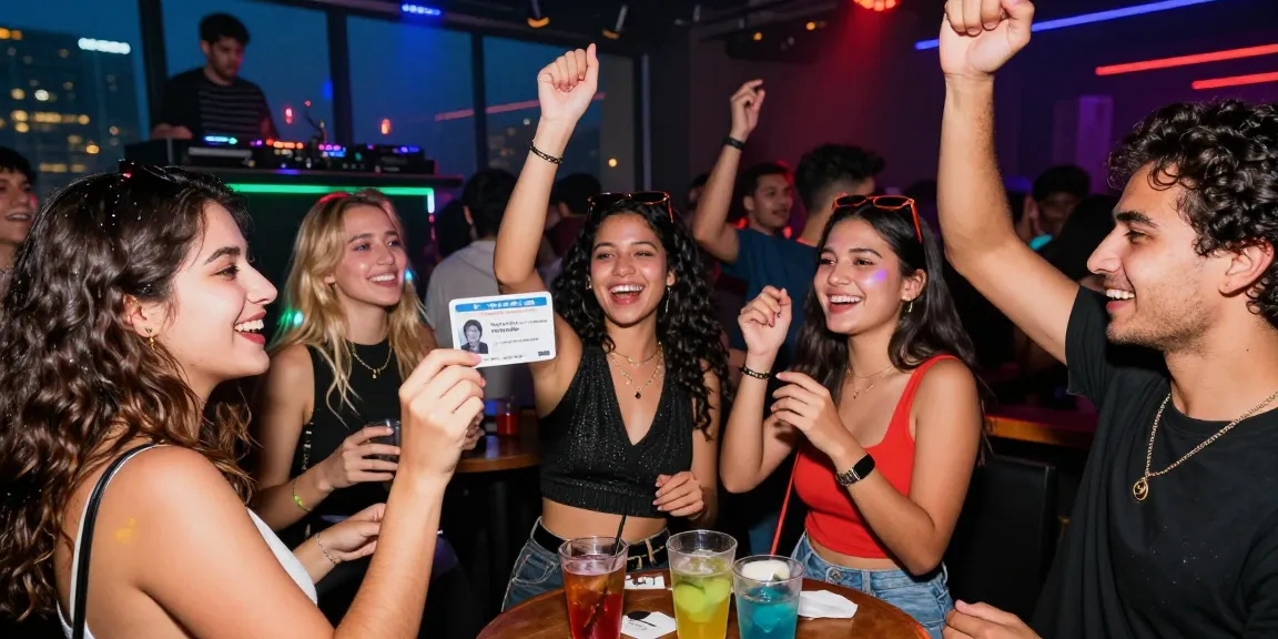 Group celebrating at a club with Club21ids fake ID in hand, showcasing vibrant nightlife.