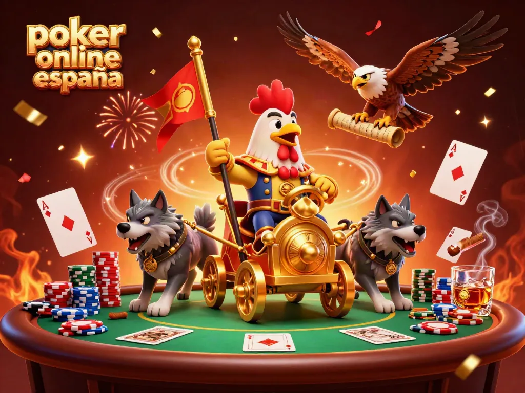 Disfruta del poker online españa con un gallo guerrero y acción vibrante en un evento de cartas.