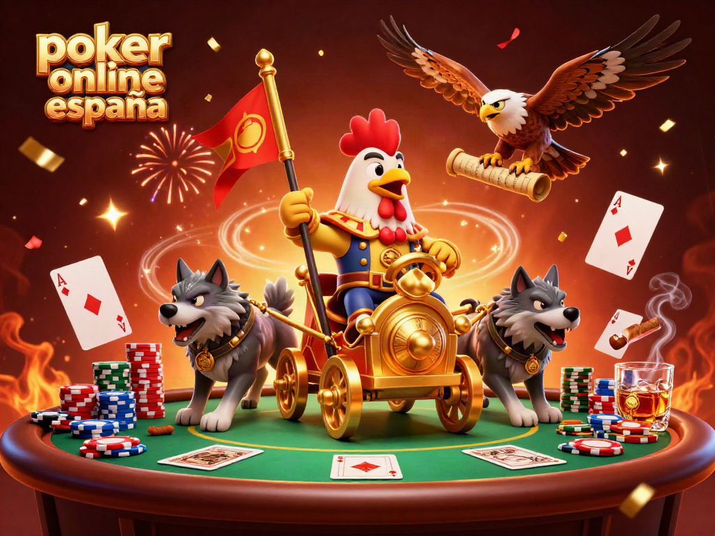 Disfruta del poker online españa con un gallo guerrero y acción vibrante en un evento de cartas.