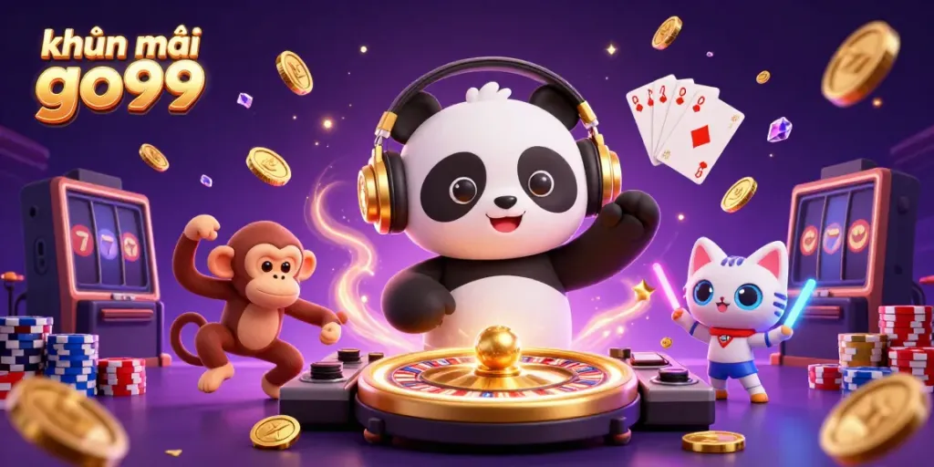 Experience the excitement of khuyến mãi go99 with a lively 3D scene showcasing a DJ panda, breakdancing monkey, and rave kitten.