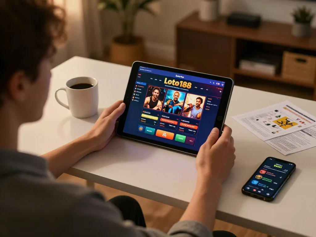 Engaging with loto188 online casino on a tablet, cozy home gaming setup with strategy notes.