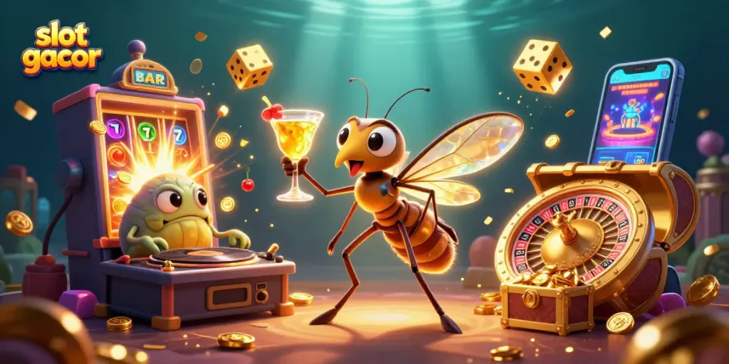 Experience slot gacor excitement with a vibrant casino scene, featuring a unique mascot and dynamic game elements.