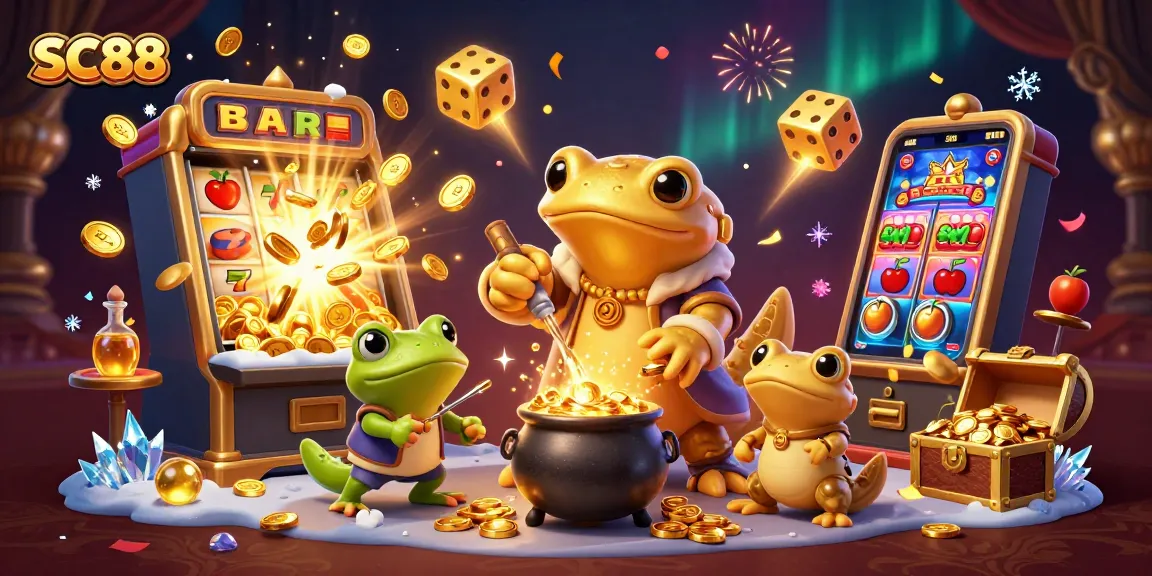 SC88 features a golden salamander alchemist transforming metals into gold, showcasing vibrant casino elements.