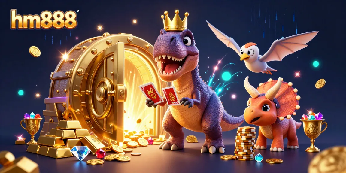Play and win at hm888 with vibrant cartoon characters and casino elements in a fun-filled scene.