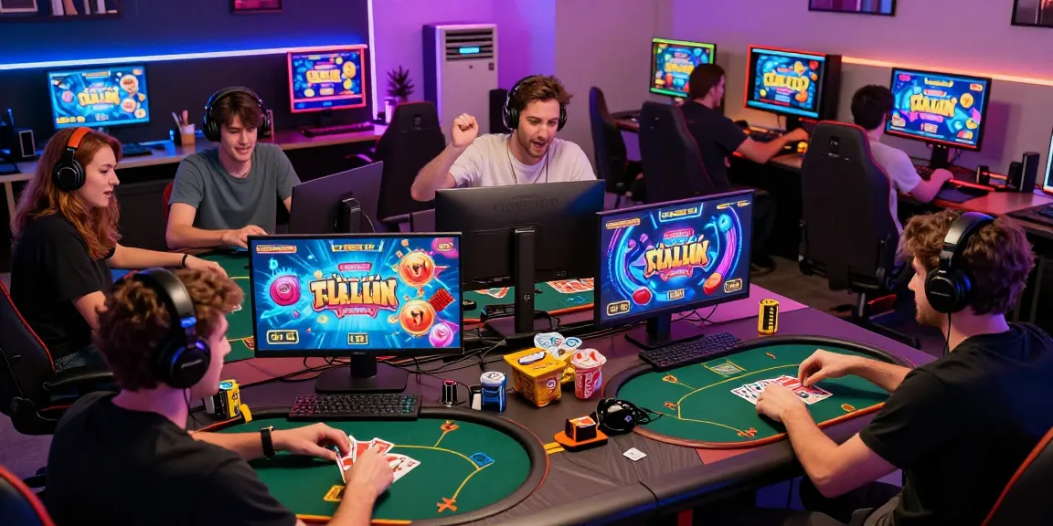 Exciting yo88 online gaming moment with players immersed in card games and vibrant graphics in a modern home office.