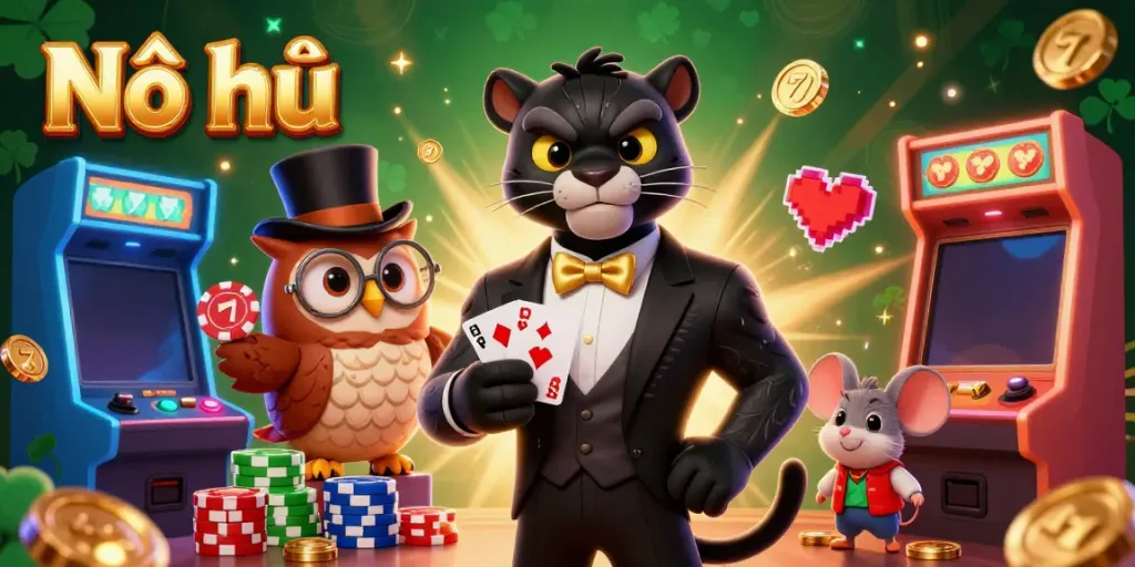 Nổ hũ scene showcasing the stylish black panther, owl, and lucky mouse playing in an engaging casino atmosphere with vibrant game elements.