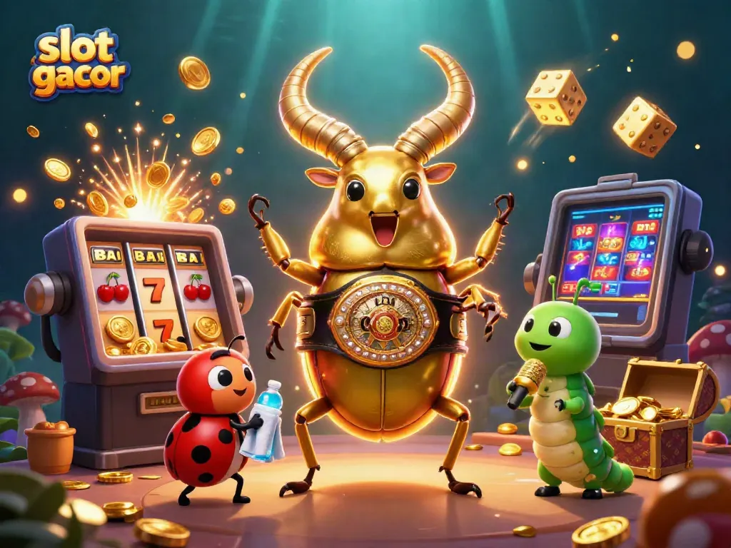 Experience the vibrant slot gacor scene with a dynamic cartoon beetle champion and thrilling casino elements.