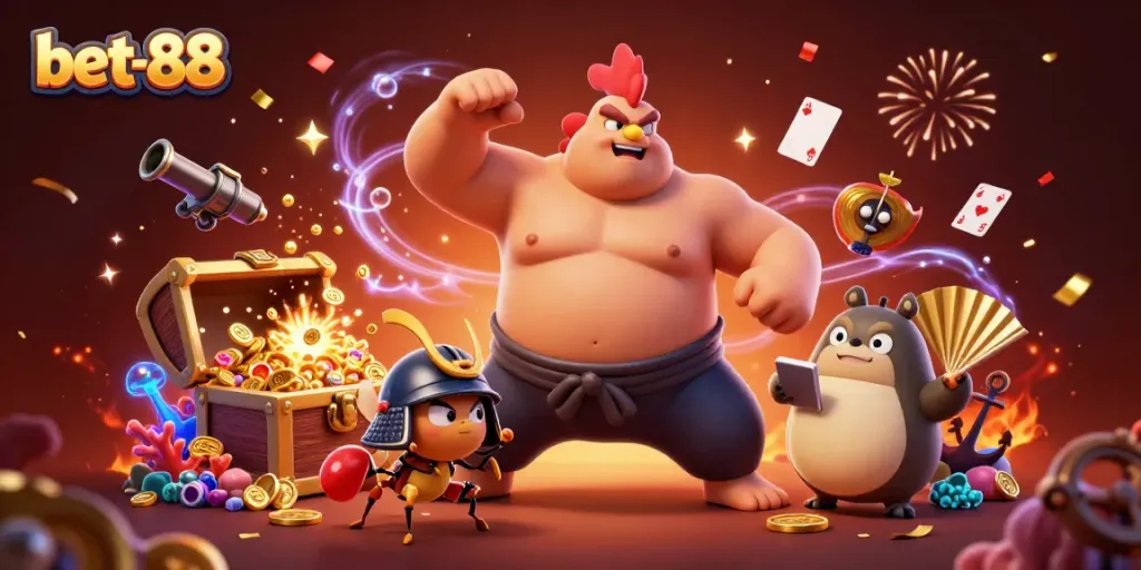 Experience the thrill of bet-88 with a vibrant 3D casino illustration featuring engaging characters and dazzling game elements.