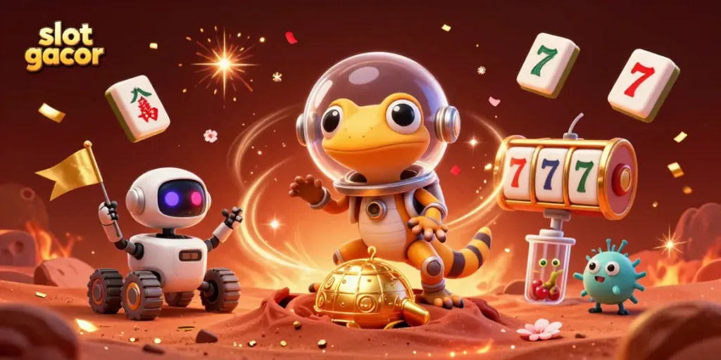 Celebrate big wins in slot gacor with a dynamic 3D illustration of a Martian gecko and casino treasures.