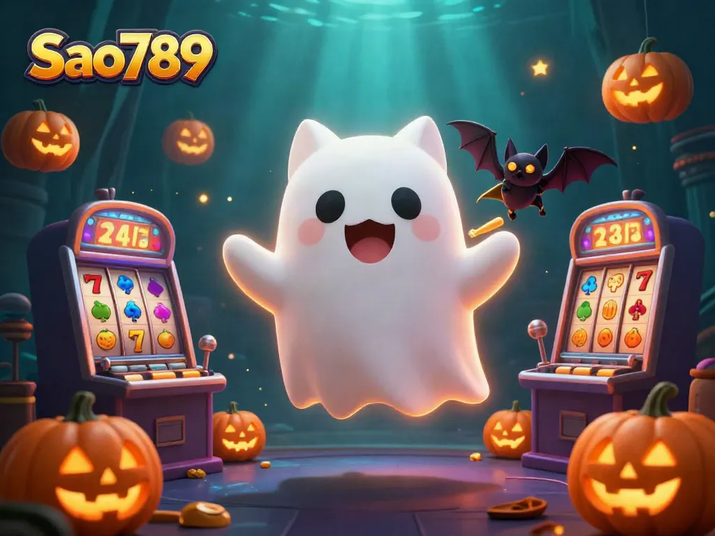 Sao789 brings excitement with a ghost cat, fruit symbols, and vibrant slot machine action in a haunted casino.