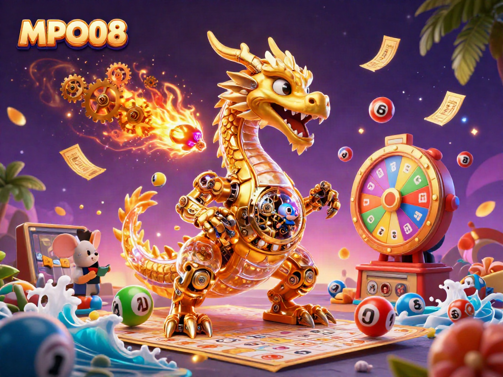 Engage with MPO08 through a dynamic 3D cartoon scene depicting a golden dragon and a mouse engineer amidst vibrant gambling elements.