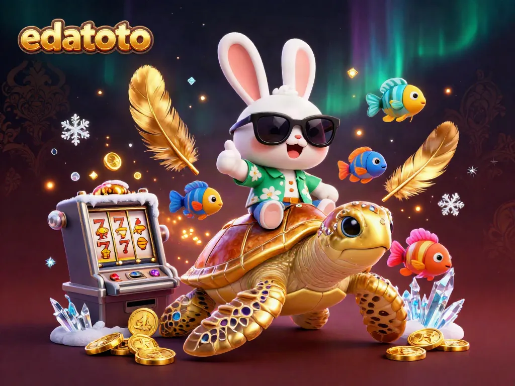 Experience the exciting world of edatoto with a lively illustration featuring a lucky rabbit and golden turtle amidst vibrant slot game elements.