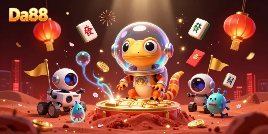Experience the exciting world of Da88 with a 3D cartoon scene of a gecko exploring a hidden casino.