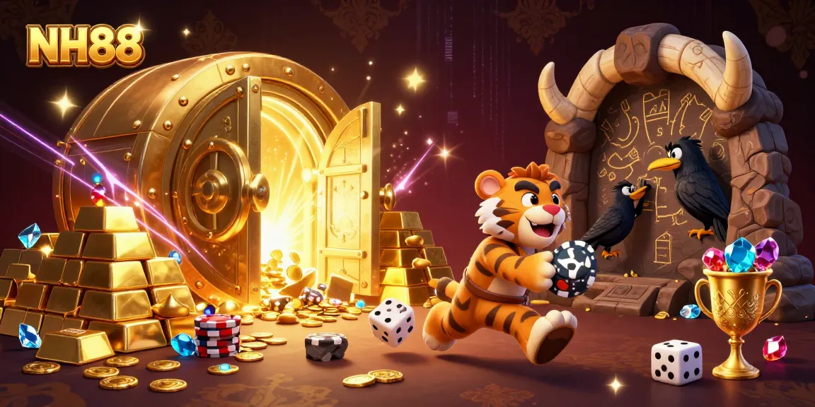Experience the thrill of NH88 with a dynamic casino scene featuring classic gambling elements and characters.