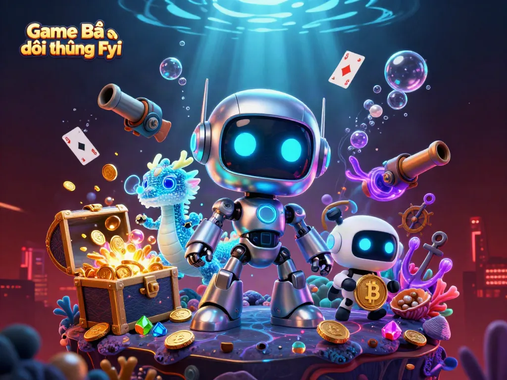 Engage with the vibrant underwater scene of Game Bài Đổi Thưởng Fyi featuring exciting characters, gold coins, and magical holographics.