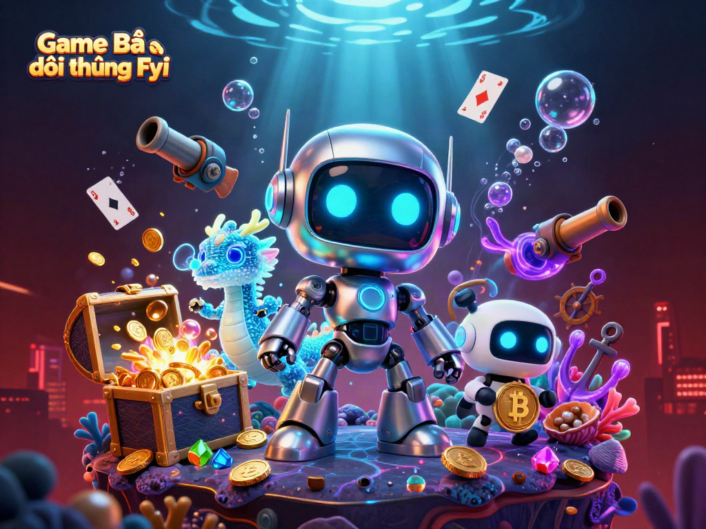 Engage with the vibrant underwater scene of Game Bài Đổi Thưởng Fyi featuring exciting characters, gold coins, and magical holographics.
