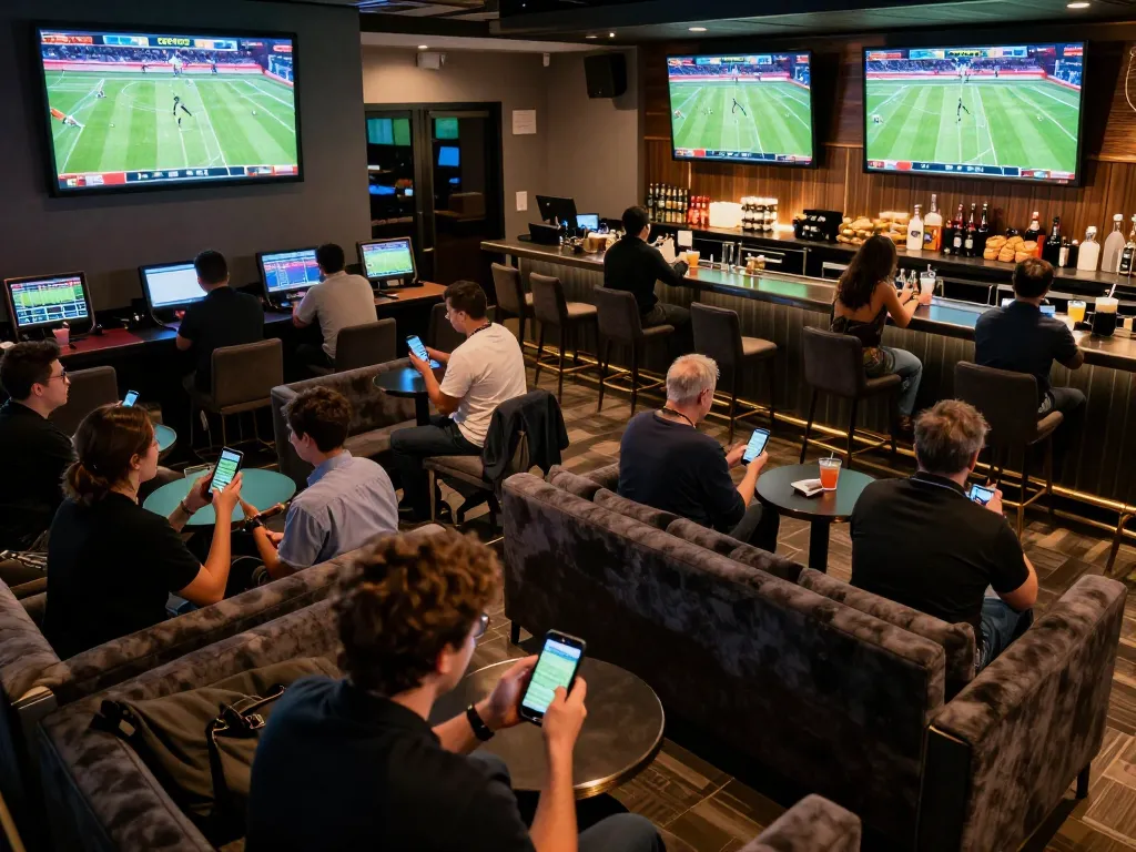 Fans enthusiastically placing bets at qh88go's modern sports betting lounge with large screens.