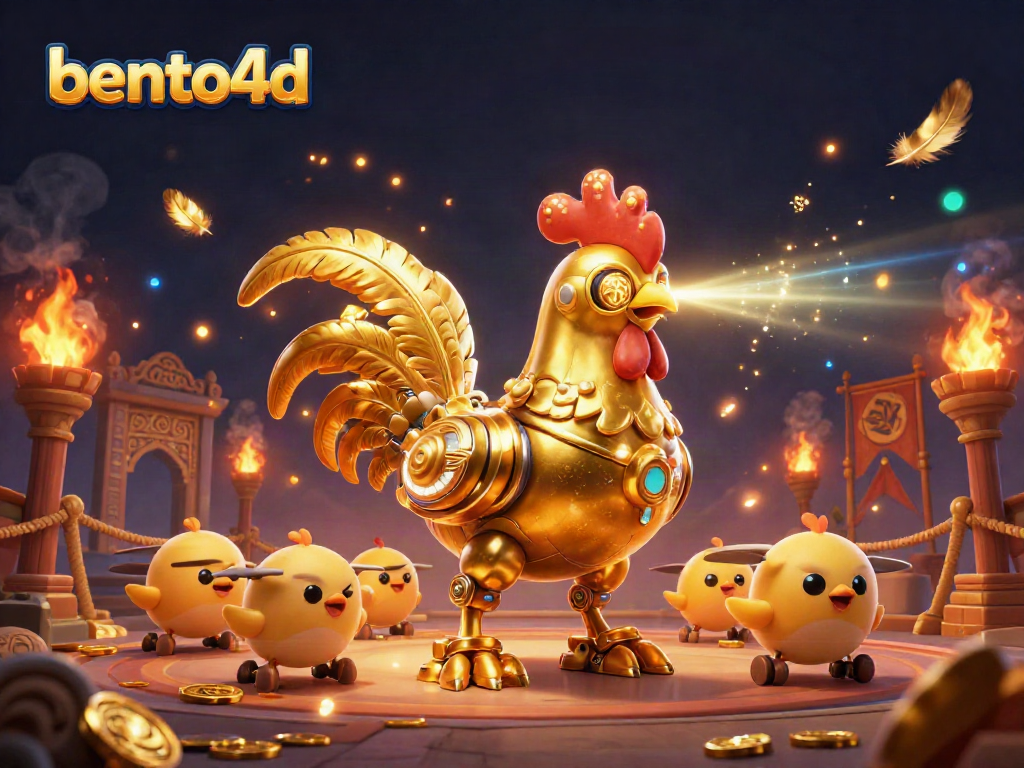 Bet on bento4d with a vibrant 3D illustration of a golden rooster robot and baby chick drones in an exciting casino setting.