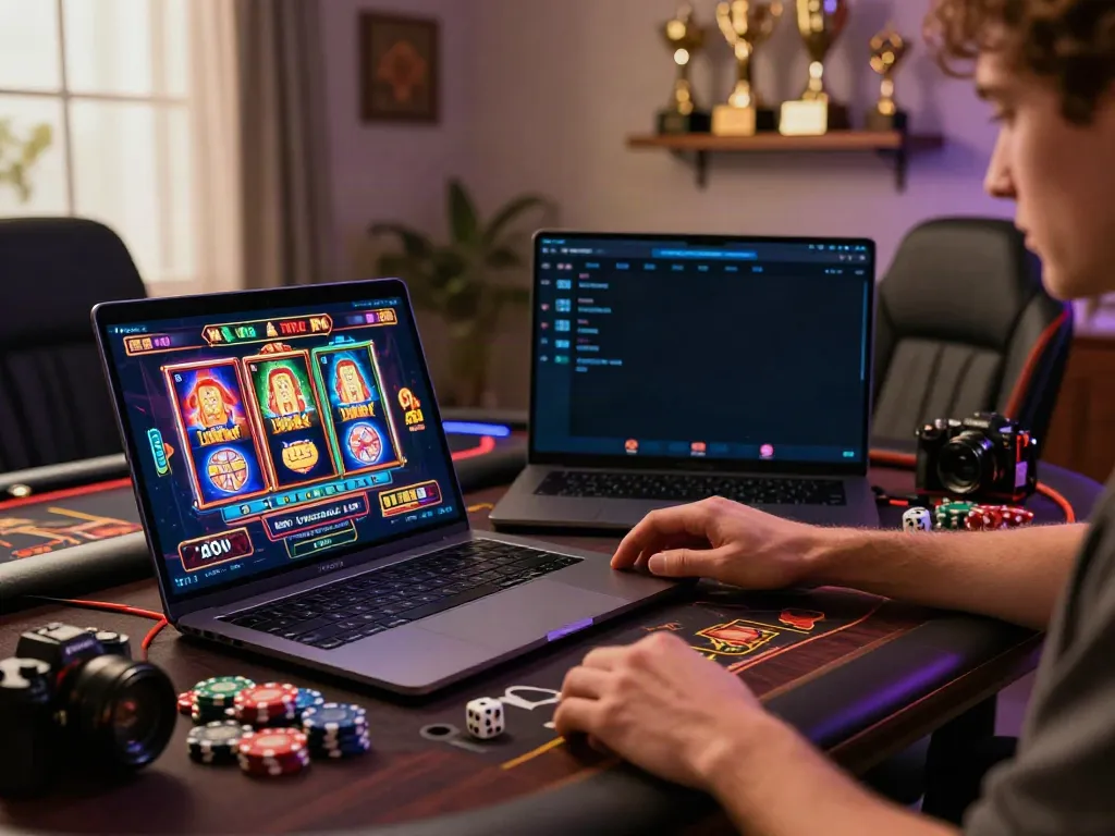 Player enjoying sv88 online gaming experience in a cozy room with vibrant game visuals.