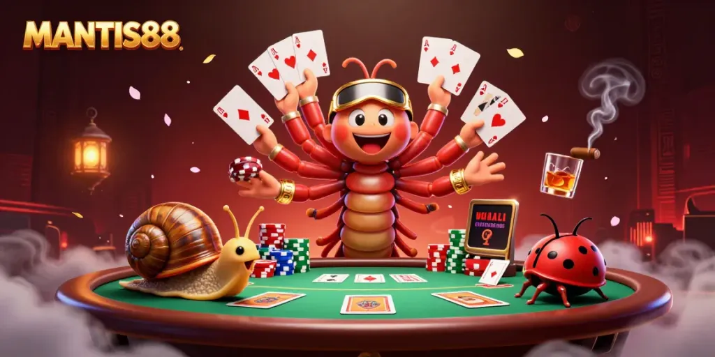 Experience excitement at MANTIS88 with a whimsical 3D casino scene showcasing diverse playful characters and vibrant game elements.