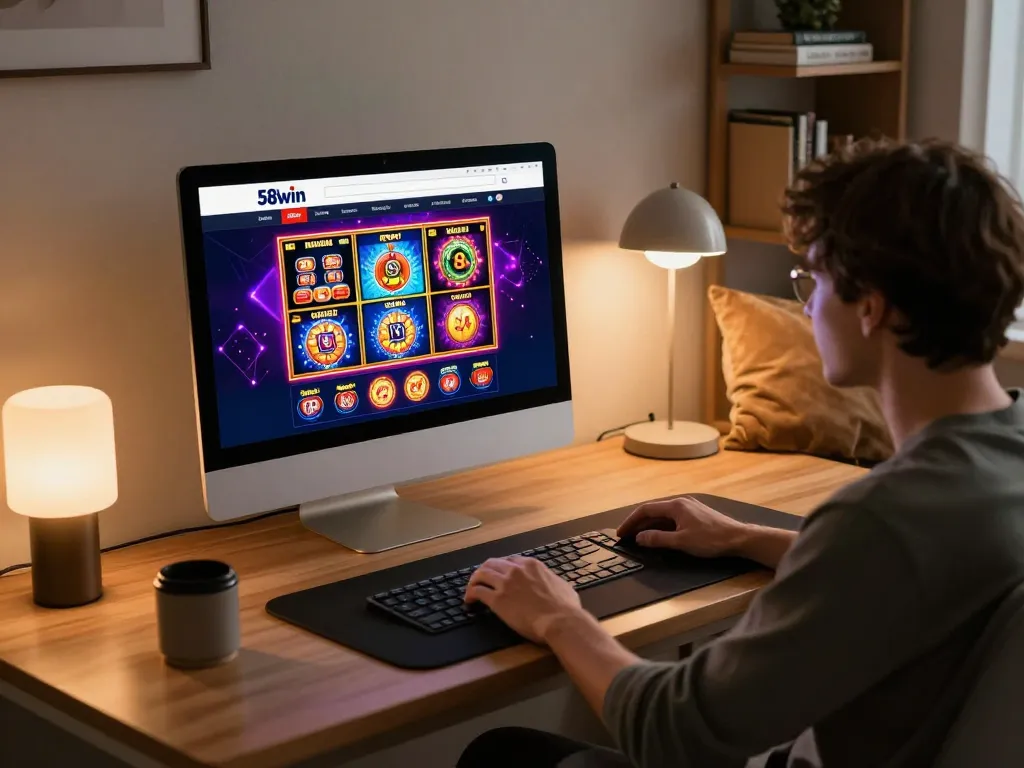 Player engaging with the 58wiin online casino platform at home, showcasing gaming interface and relaxed atmosphere.