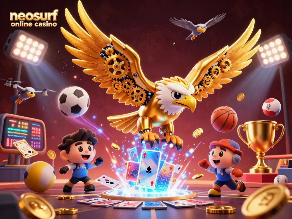 Experience thrilling action at a neosurf online casino, featuring dynamic visuals of a golden eagle amidst holographic cards and sports elements.