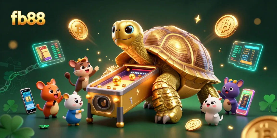 Experience the exciting bets at fb88 featuring animated golden tortoise and vibrant cryptocurrencies.