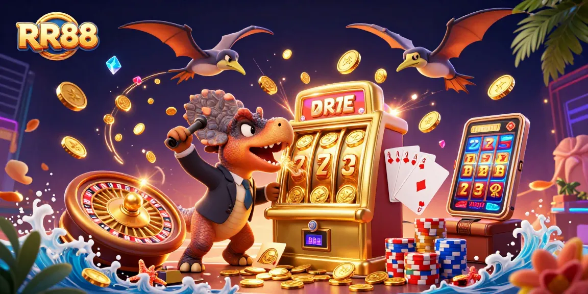 RR88 rewards players as a pachycephalosaurus wins coins from the jackpot slot machine in a vibrant casino.