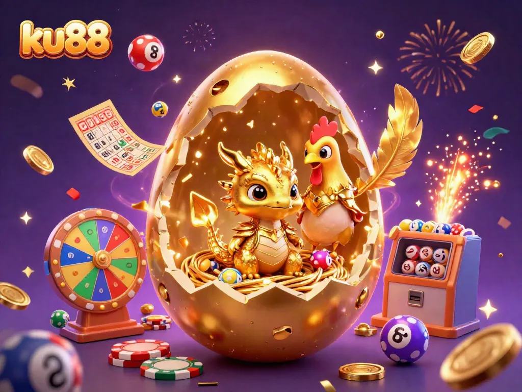 ku88 showcases a vibrant casino scene with a golden dragon and lottery elements celebrating a big win.