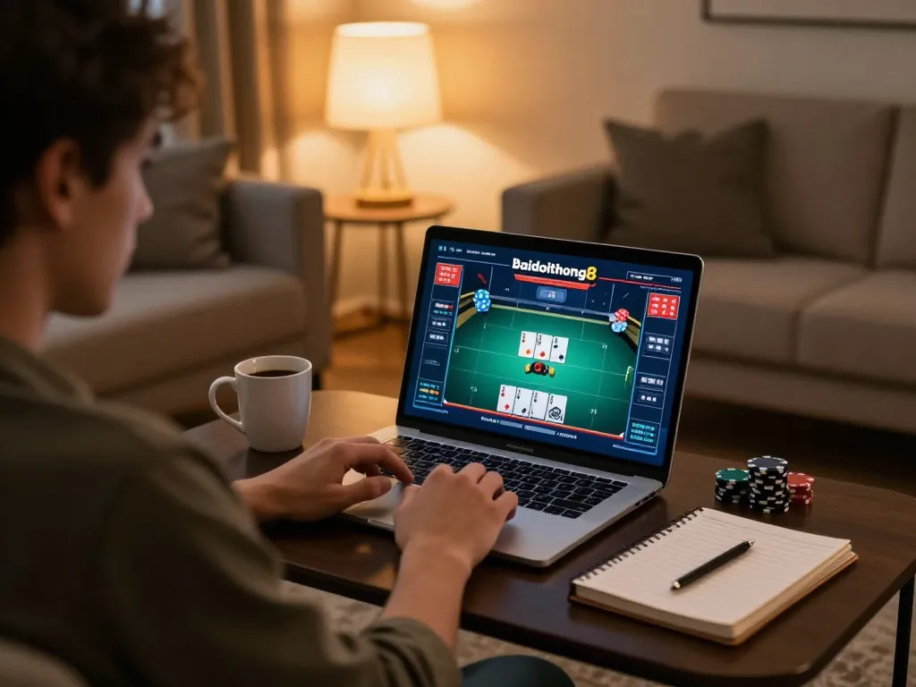 Engaged player strategizing in online poker gamebaidoithuong8 with modern home setting