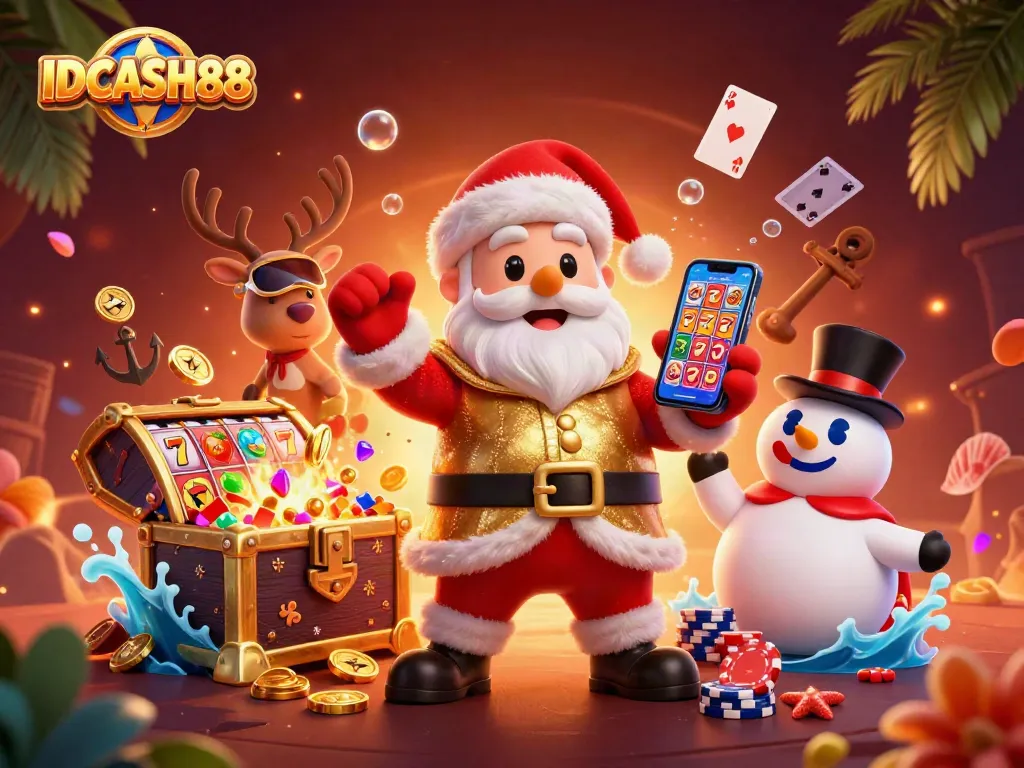 Spin to win at IDCASH88 with Santa, his reindeer dealer, and poker chip snowman.