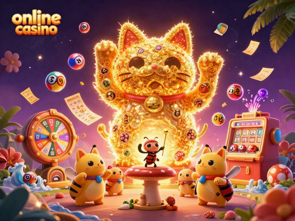 Disfruta de un emocionante casino online donde un gato de la suerte de fuegos artificiales atrae premios alrededor.