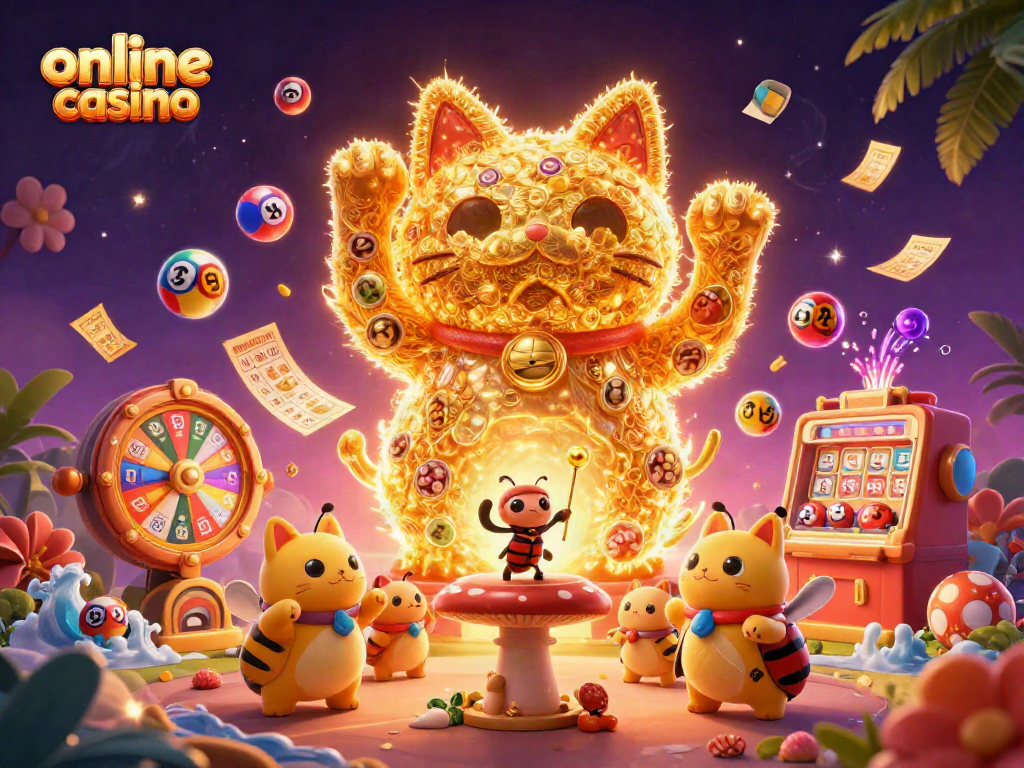 Disfruta de un emocionante casino online donde un gato de la suerte de fuegos artificiales atrae premios alrededor.