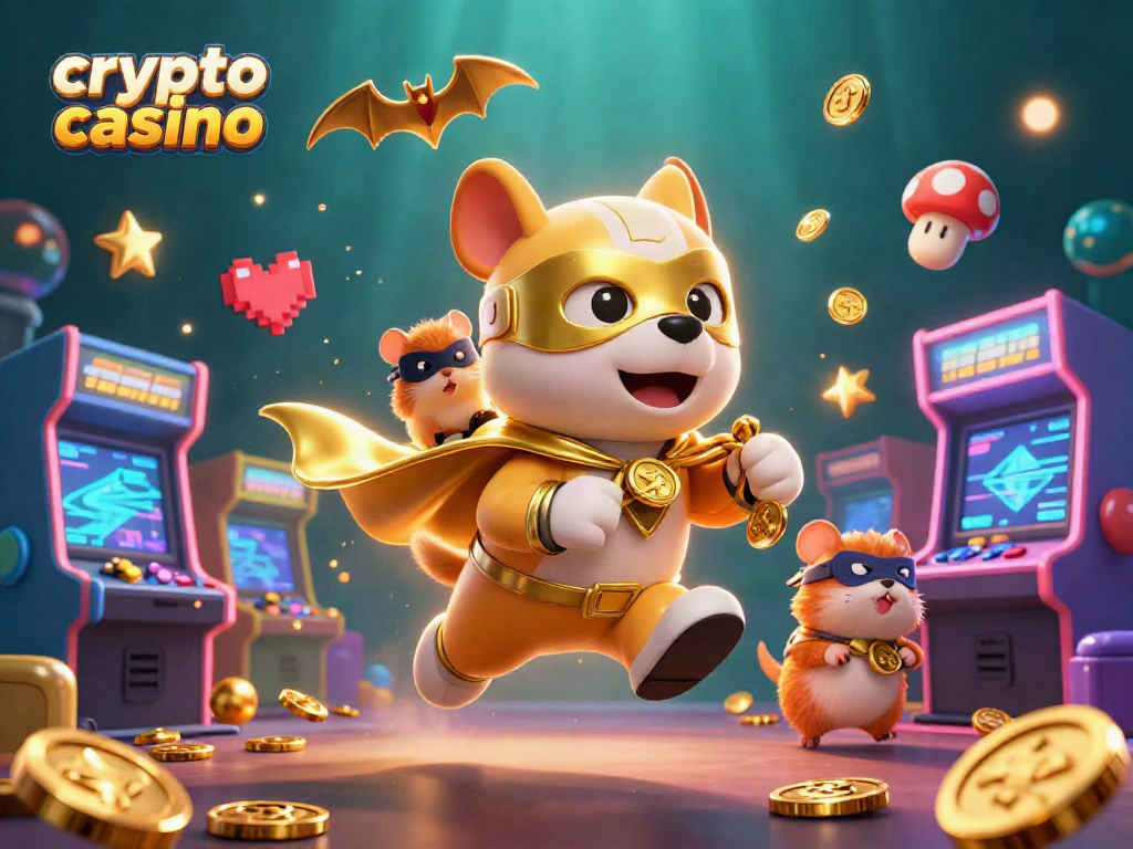 Gioca nel crypto casino con un cane supereroe e un criceto, in un mondo pieno di monete d'oro.