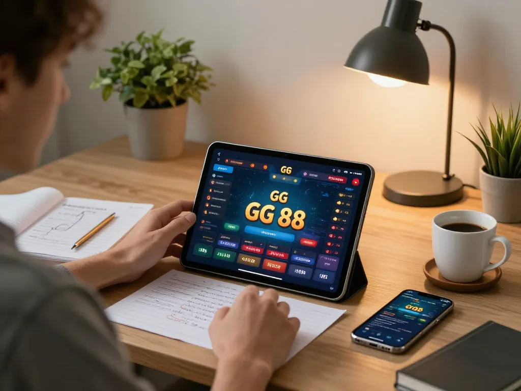 Engaging in strategic gambling on GG 88 using a tablet for online casino games.
