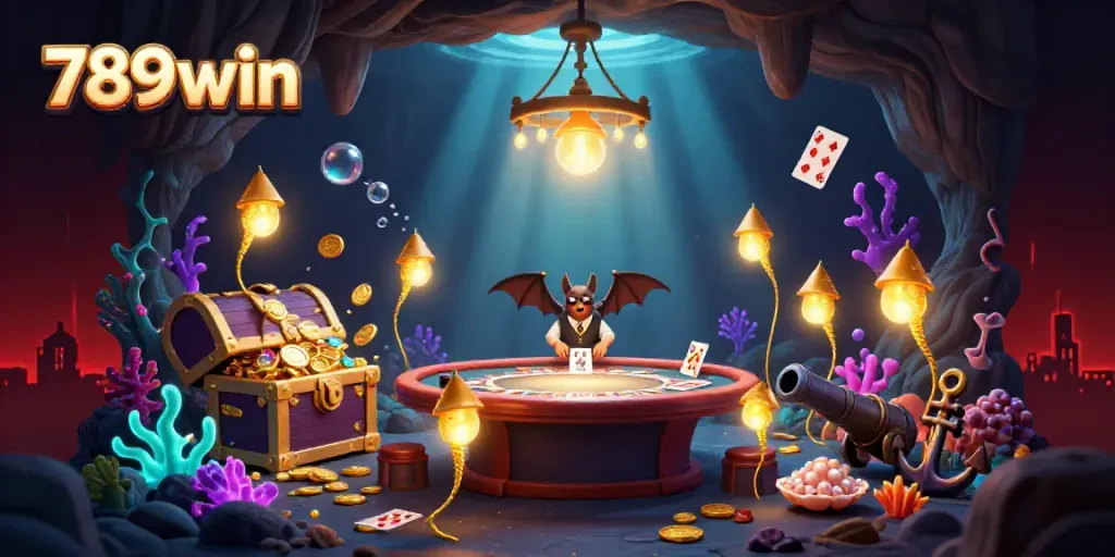 Experience the enchanting glow of 789win with luminescent glowworms lighting a vibrant cave casino scene.