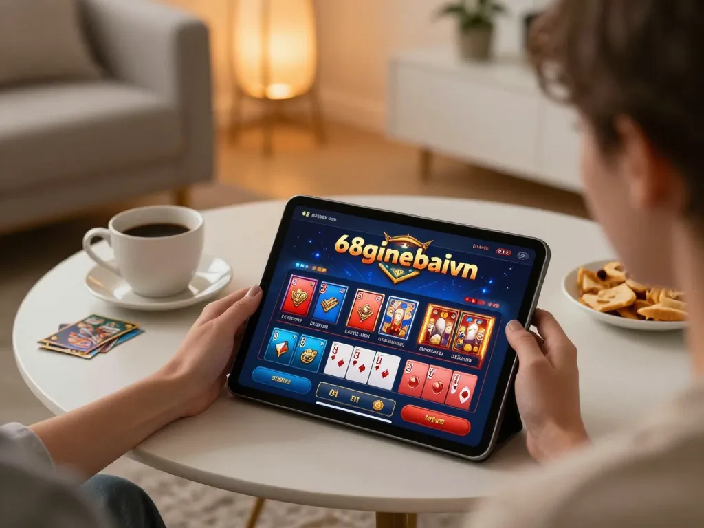 Engaging in online gaming at 68gamebaivn with tablet and snacks